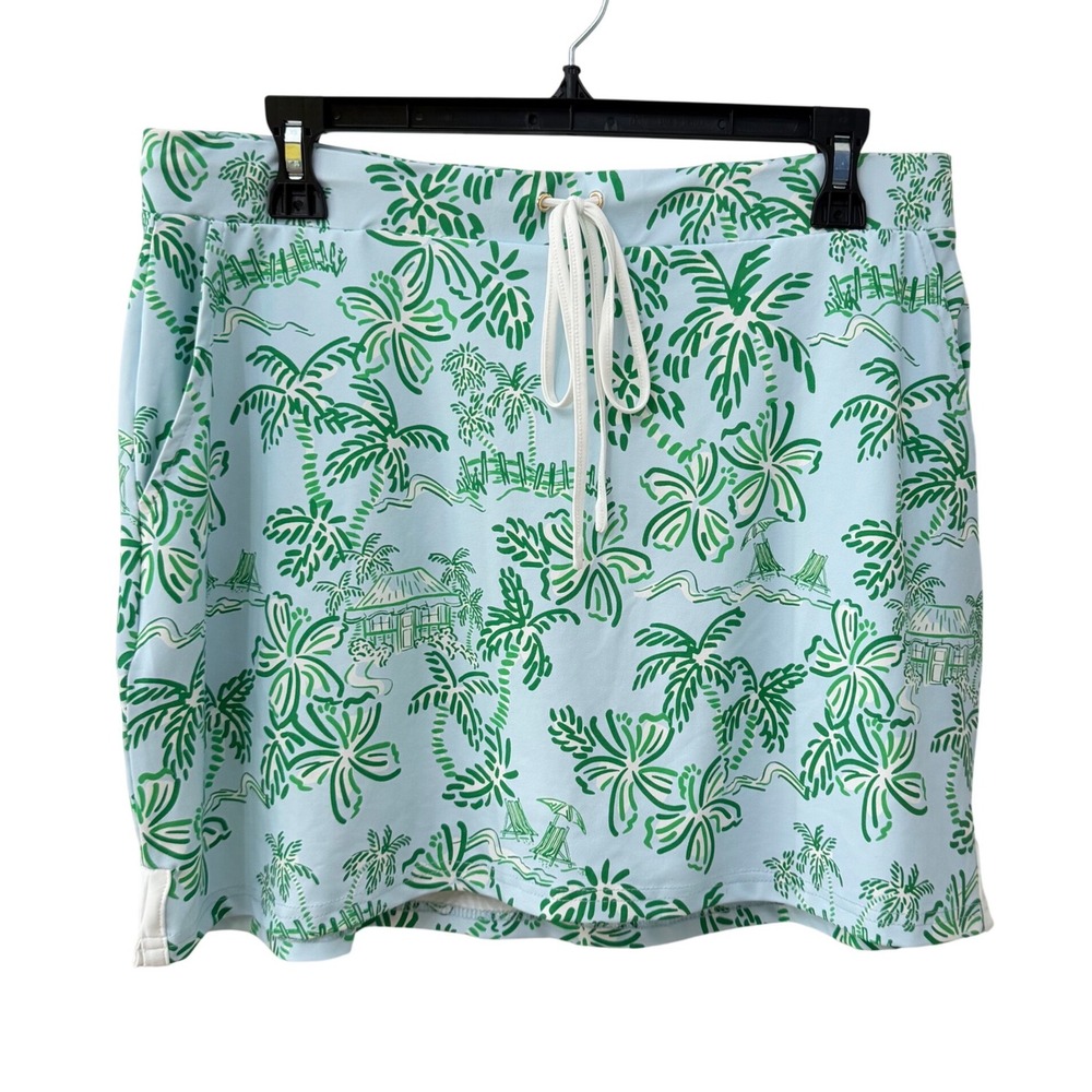 Mary‎ Square Skort Size Large Blue Green Tropical Palm Tree Drawstring Pockets